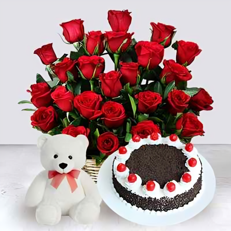  Black Forest Cake and Red Rose Bouquet